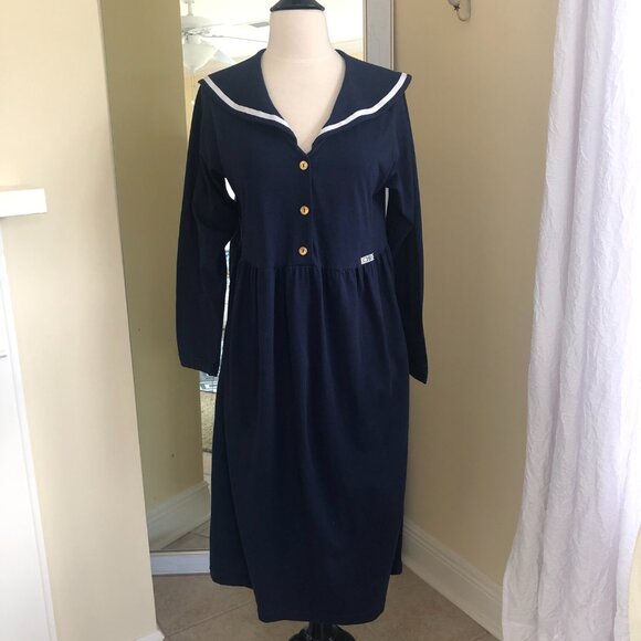 Vintage 90s Sailor Collar Nautical Maxi Dress Medium - Picture 1 of 7